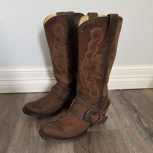Rudel Womens Brown Leather Western Cowboy Harness Buckle Boots Square Toe 4.5E